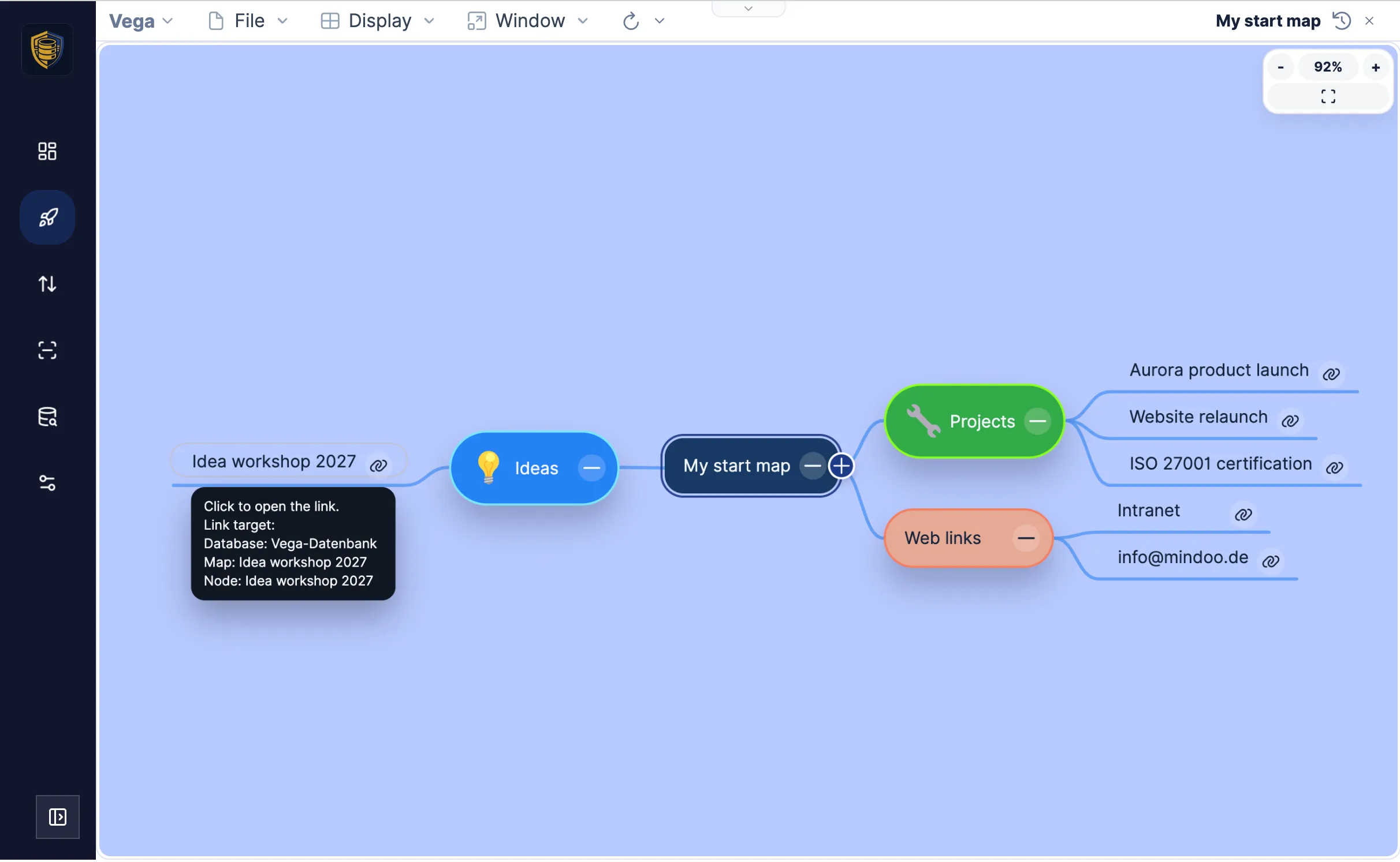 A Vega start map whose nodes link to other mind maps