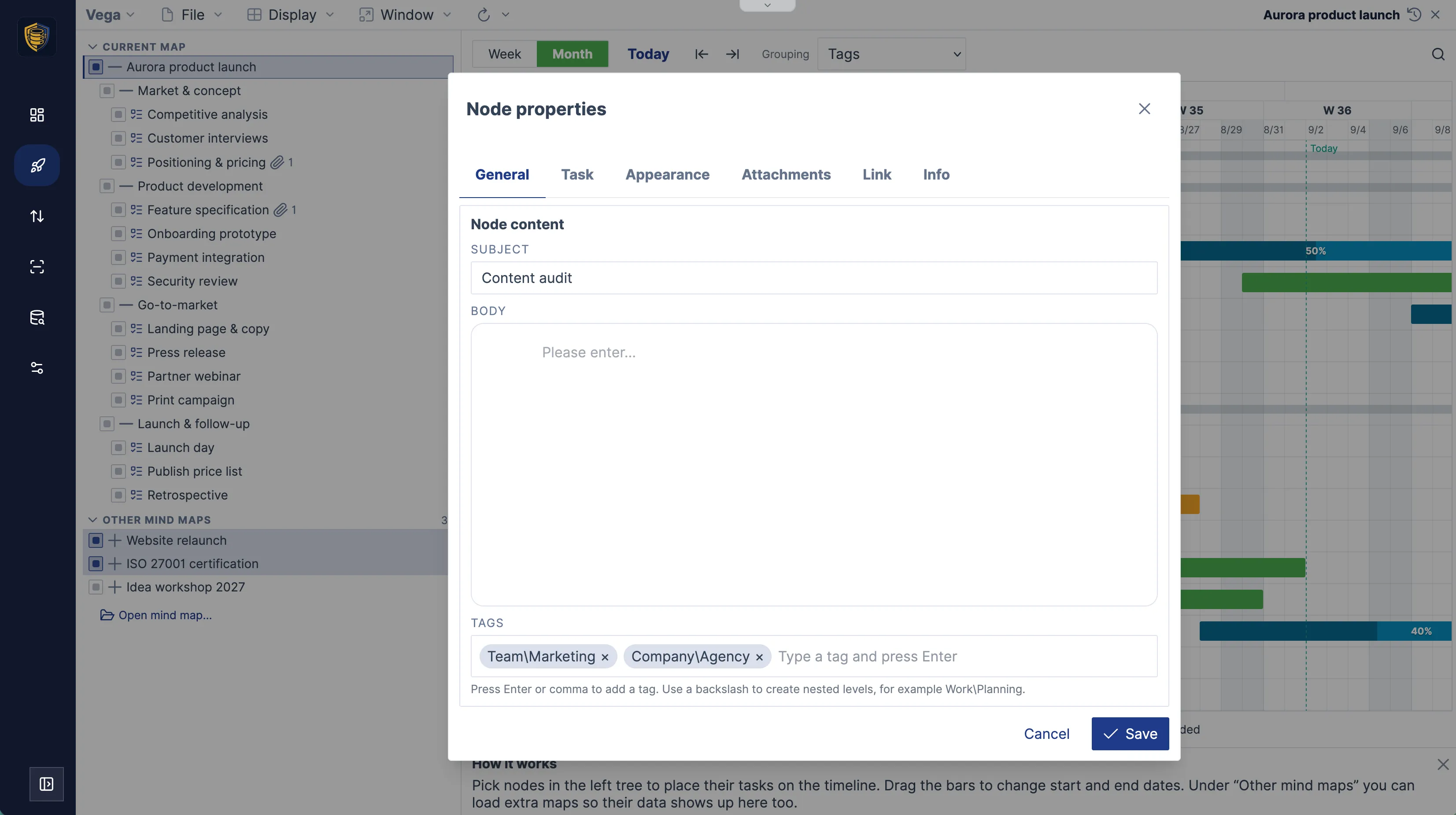 The node inspector, general tab with title and notes