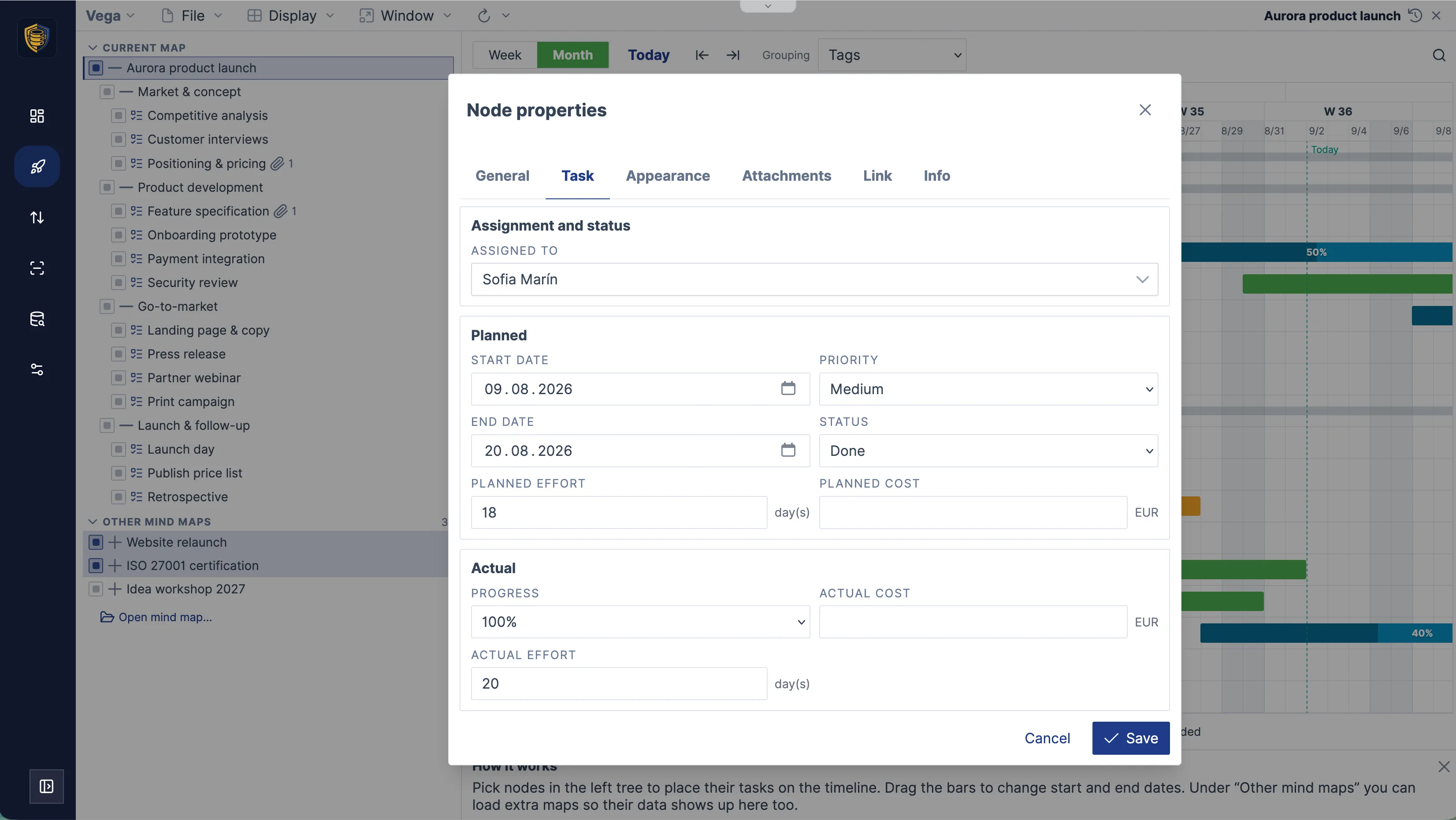 The node inspector, task tab with assignee, status, dates, effort and cost