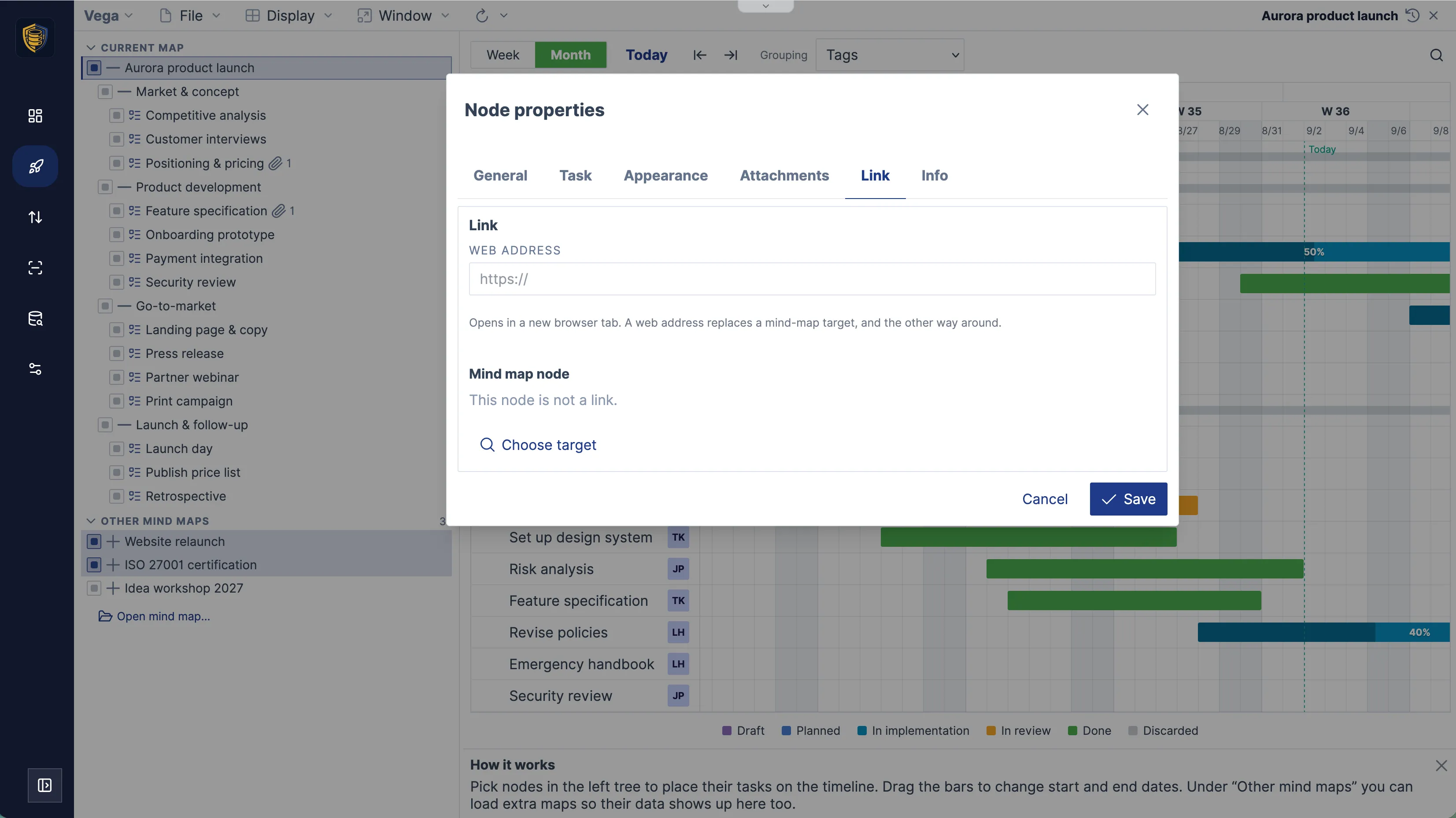 The node inspector, link tab pointing at another topic or a URL