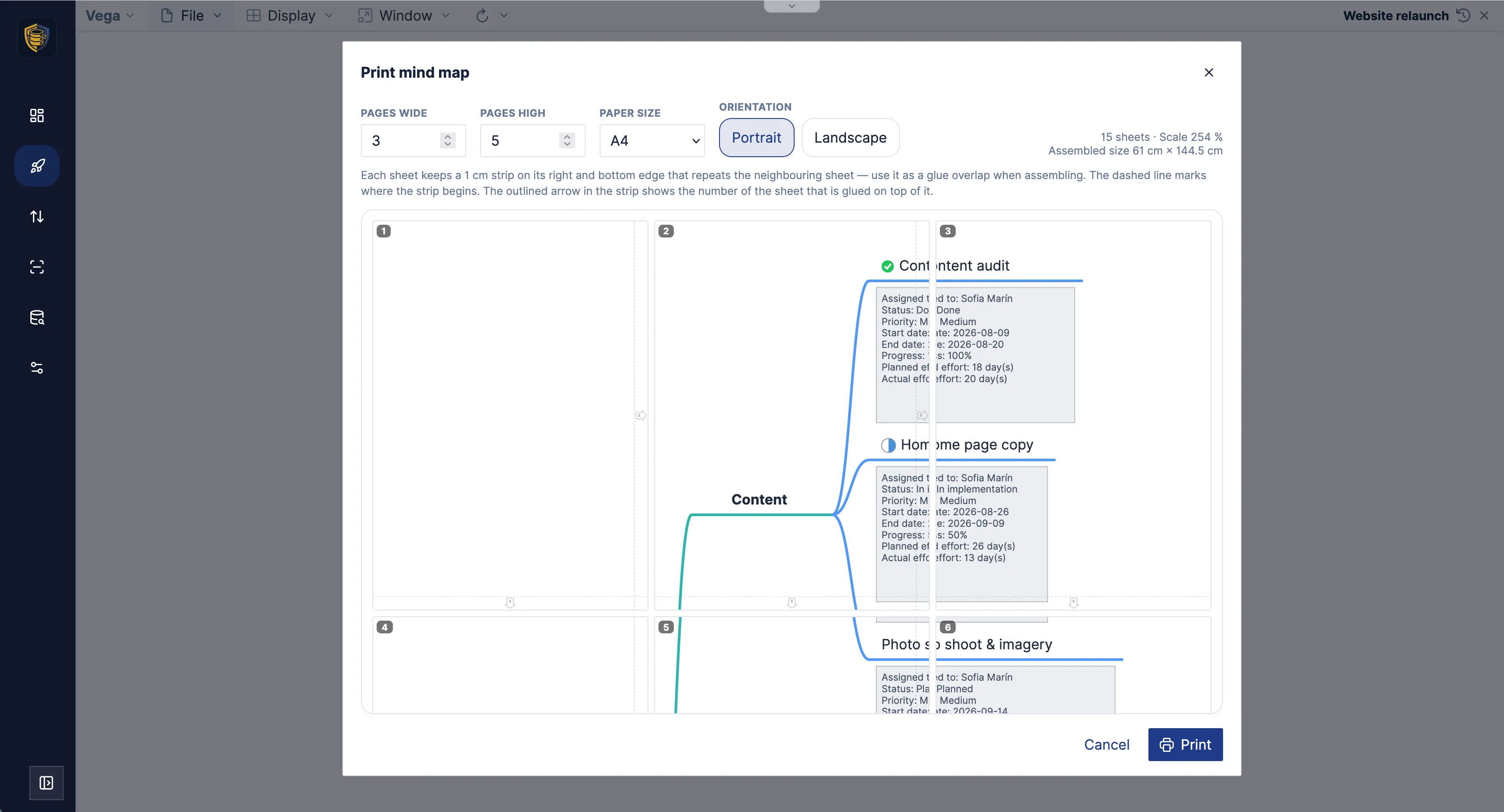 The poster print dialog tiling a mind map across several sheets