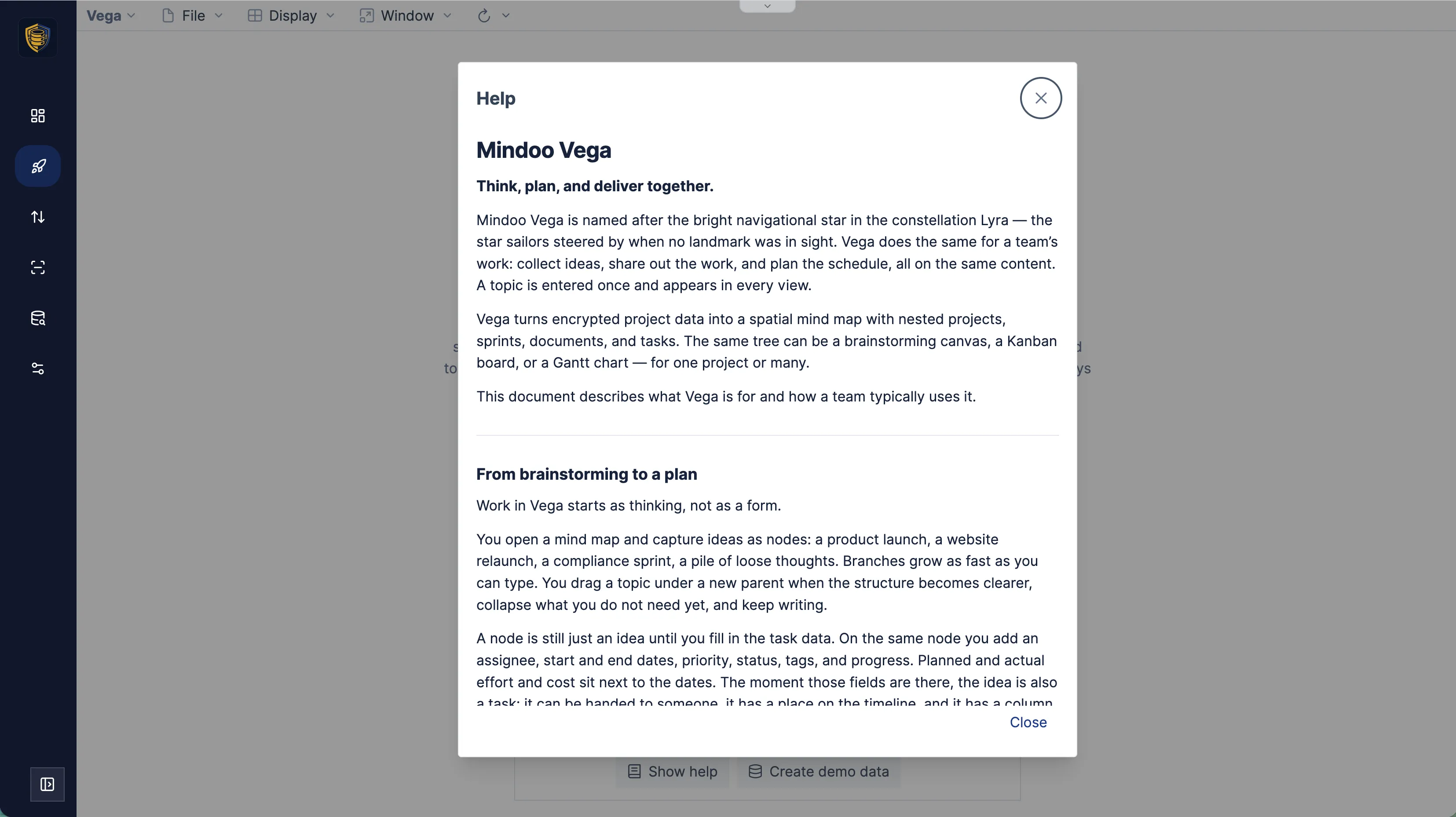 The Vega welcome screen with the help panel open